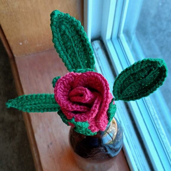 Red Crochet Rosebuds Last Forever 9" long stem rose unique faux flower cottage - Picture 2 of 15